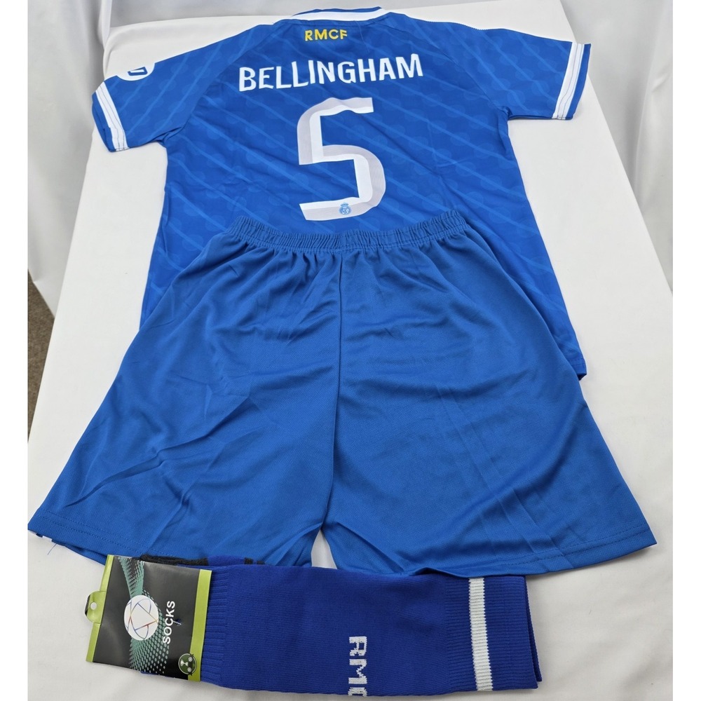 Real Madrid Bellingham #5 Kids Third Kit Jersey Shorts Socks Blue Youth 28 / XS
